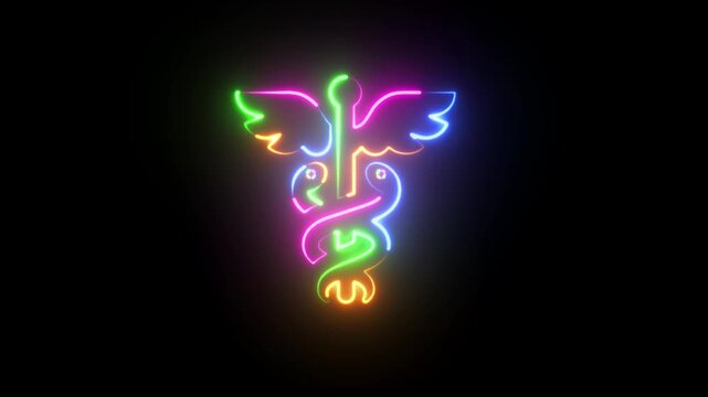 Animation of glowing neon rainbow color Caduceus of Hermes healthcare flat icon for medical apps .neon sign .
