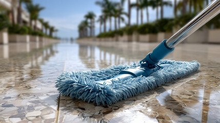 Cleaning the tile floor at a sunny resort with palm trees in the background during the morning