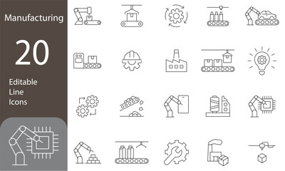 Manufacturing Editable Line Icons Set. Manufacturing icons. production, machine, manufacture, Pictograms and infographics. Vector illustration
