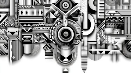 Intricate black and white abstract artwork featuring geometric shapes and patterns with contrasting textures