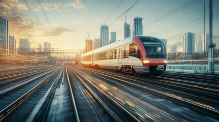 Train speeding through urban landscape at sunset with towering skyscrapers in the background