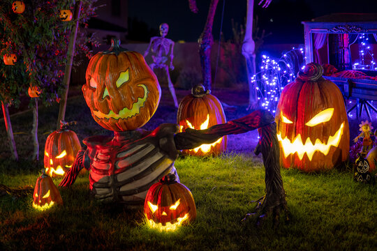 Halloween pumpkin lantern with pumpkins. Scary Jack-o'-lantern emerges from the ground next to other pumpkins