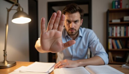 A man at a desk with his hand up in a stop gesture, representing setting boundaries, refusal, and personal space.