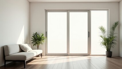 Obraz premium Modern living room with sliding glass doors and potted plant.