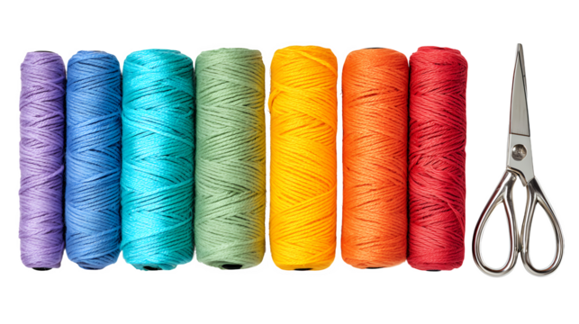 Colorful String Rolls and Scissors on Transparent Background