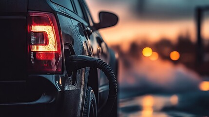 Evening fuel refill at a gas station with glowing lights and wet pavement
