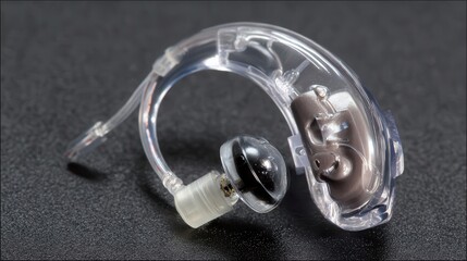 Close-up view of a transparent hearing aid.