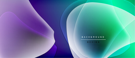 Abstract fluid shapes blend purple, blue, green hues. Modern design evokes energy, movement, visual interest. Minimal text present.