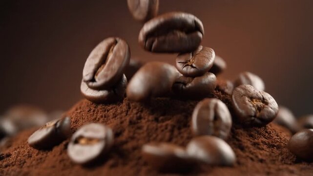 Roasted Coffee Beans Falling onto Ground Coffee: Rich Aroma, Dynamic Slow Motion