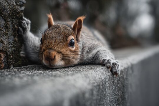 Squirrel resting on a stone barrier