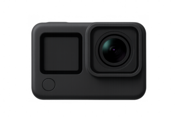 Black action camera isolated on transparent background, perfect for capturing extreme sports and adventures