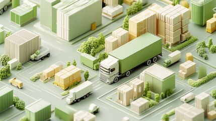 Miniature city scene showcasing trucks delivering goods amidst streamlined urban structures