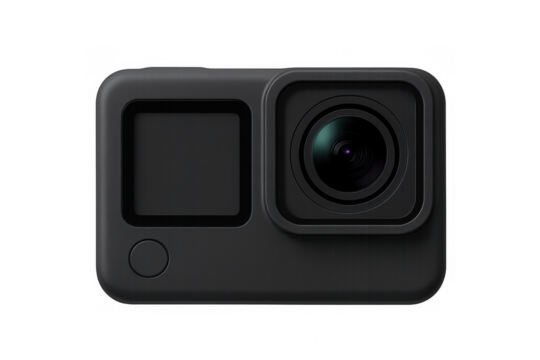 Black action camera isolated on transparent background, perfect for capturing extreme sports and adventures