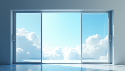 Fototapeta premium Wide sliding doors with a view of a vast sky filled with fluffy clouds.