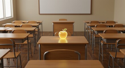 scene of a classroom with rows of empty, neatly aligned wooden desks and chairs. A single, stylized glowing apple rests on the teacher's desk at the front, symbolizing the heart of the classroom.