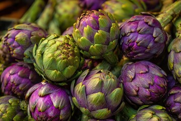 Fototapeta premium Stack of artichokes showcased at a farmers market