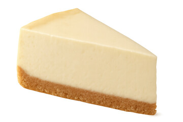 Creamy new york style cheesecake slice displaying rich texture, sitting on transparent isolated surface