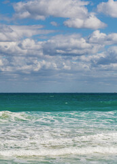 Cloudy sky and seascape at summer vacation. Skyscape with sea horizon. Calm horizon with sea nature. Romantic summer vacation at seascape. Sunset sea and seascape. Sea horizon view. Remote paradise