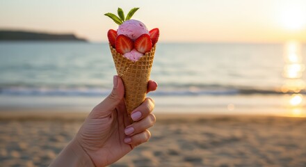 Woman holds ice cream in waffle cone with strawberry, vanilla, mint, against sea beach at sunset background with copy space for banner, poster or travel ad. Tropical vacation refreshing dessert.