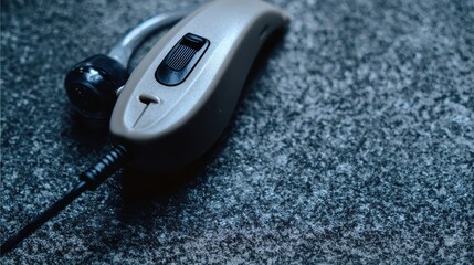 Close-up of a hearing aid on a textured surface.