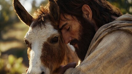 A man with long hair and a beard embracing a donkey with a white face in a close up shot outside