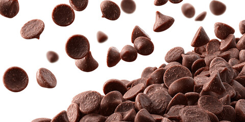 Obraz premium Falling Brown Chocolate Chips on Transparent Background, PNG