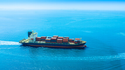Aerial view of the freight shipping transport system cargo ship container. international...