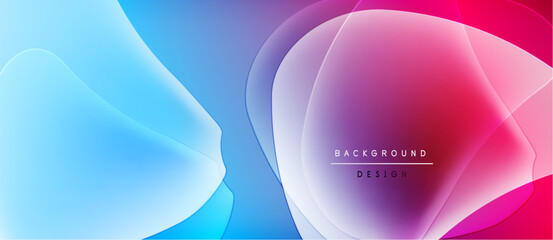 Abstract fluid shapes blend blue, purple, pink hues. Modern design features soft gradients, overlapping forms, text elements.