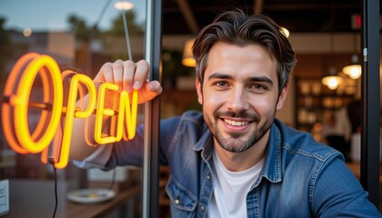 A smiling man standing by a neon 'OPEN' sign, welcoming customers to a business, representing a small business owner, cafe hospitality, and new business opening.