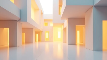 Cinematic 3D Architectural Render with Warmly Lit Cubic Niches on Polished Concrete Floor