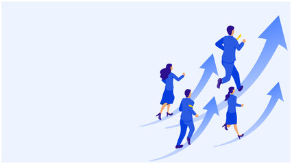 右肩上がりに成長するビジネスチームのイラスト（企業成長・チームワーク・ビジョン共有）
