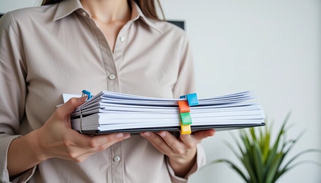 A person holding a stack of documents with colorful binder clips, symbolizing efficient organization, office work, paperwork management, and administrative tasks.