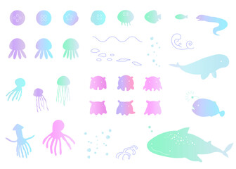海の生き物のアイコンイラストセット　夏　海　グラデーション