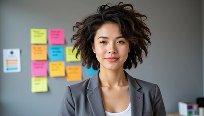Young Asian woman smiling in a grey blazer, symbolizing professional confidence, ideal for business portraits, creative office environments, and organized productivity.