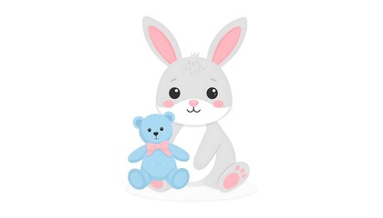 Obraz premium Cute gray rabbit with blue teddy bear
