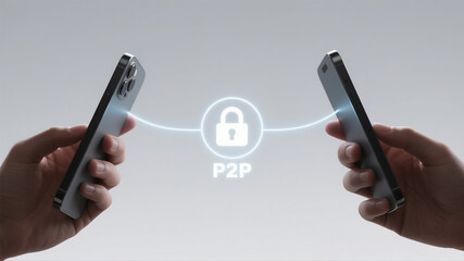 Two hands holding smartphones, with a glowing line and a padlock icon representing a secure peer-to-peer (P2P) Bitcoin transaction between them, concept of decentralized and secure payment