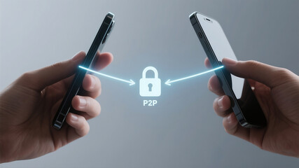 Two hands holding smartphones, with a glowing line and a padlock icon representing a secure peer-to-peer (P2P) Bitcoin transaction between them, concept of decentralized and secure payment