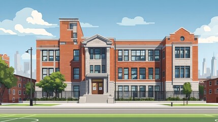 Fototapeta premium Modern american school building exterior with large windows and green lawn in daylight – educational architecture and learning environment concept