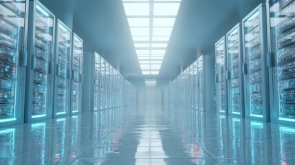 Data Center of the Future: Explore the sleek design and advanced technology of a modern data center, where digital information is stored and managed with efficiency.