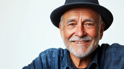 a senior man in hat smiling clipart, portrait style, photorealistic soft contrast, isolated on white background