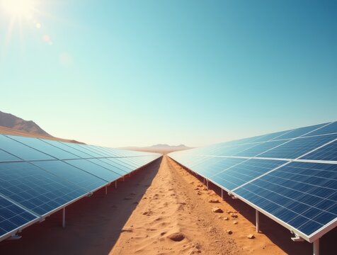 Renewable solar energy panels in arid desert landscape under a bright sunny blue sky - Powered by Adobe