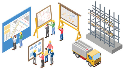 Isometric view of construction workers planning with blueprints and scaffolding at a construction site