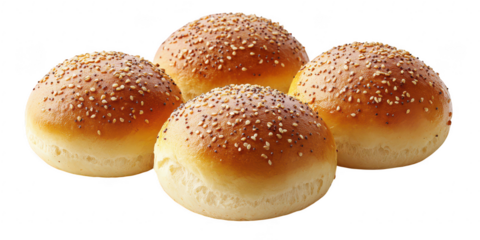 Four sesame buns stacked together on transparent png background
