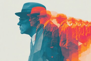 Abstract depiction of people in suits and hats in a geometric style