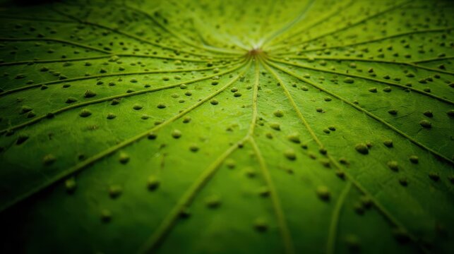 Close-up view of a vibrant green lotus leaf.