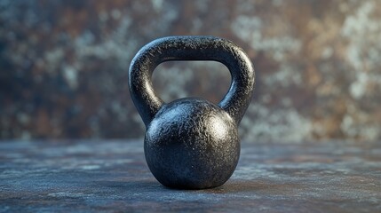 Close up shot of a single black kettlebell centered on a textured surface with a blurred background