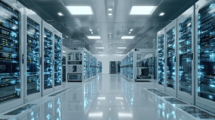 Data Center Infrastructure: A cutting-edge data center showcases rows of server racks and computing infrastructure, conveying technological advancement and digital connectivity.