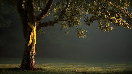Symbolic Yellow Ribbon Against a Tranquil Natural Backdrop Signifying Remembrance and Waiting