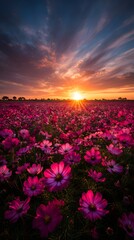 Obraz premium Pink and purple hues paint the sky over a summer meadow, merging with the distant sunset over the sea
