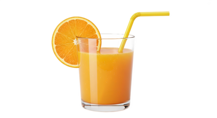 A glass of orange juice with a straw and orange slice against a plain black background studio shot view